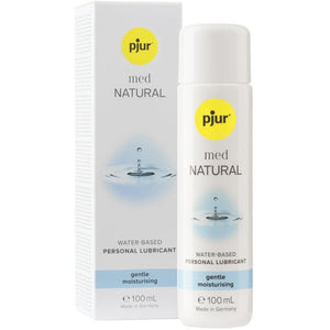 Pjur Med Natural Water-Based Lubricant 100ml bottle and box, formulated for dry skin with pure vegetable glycerin, suitable for sensitive skin.