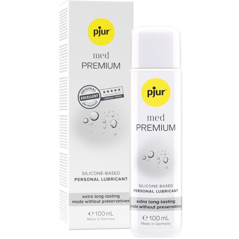 PJUR MED Silicone Premium Lubricant 100ml bottle, long-lasting glide, dermatologically tested for sensitive skin, supreme quality care.