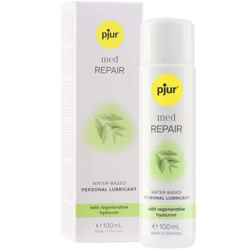 PJUR Med Repair Lubricant 100ml bottle and box, water-based with hyaluronic acid for hydration, skin protection, and latex compatibility.