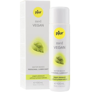 Pjur Med Vegan Glide 100ml water-based lubricant bottle with box, preservative-free and vegan formula, gentle on skin.