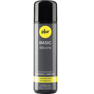 Pjur Basic Silicone Lubricant 250ml bottle, silicone-based personal lubricant with no fragrance, ideal for smooth and sensual use.
