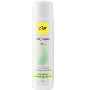 PJUR WOMAN Aloe water-based lubricant with aloe vera, 100 ml bottle, moisturizing and skin-friendly formula.