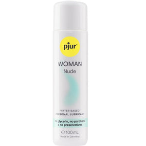 Pjur Woman Nude water-based lubricant 100ml bottle, preservative-free and designed for sensitive skin.