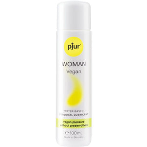 pjur Woman Vegan Water-Based Lubricant 100 ml bottle, 100% vegan ingredients, safe with condoms and toys.