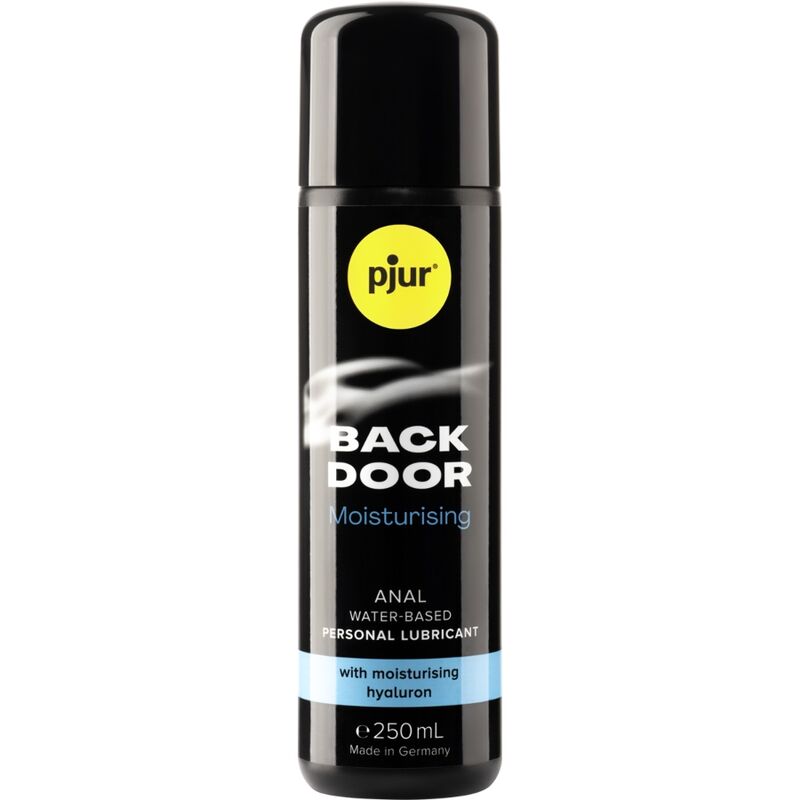 Pjur Back Door Comfort water-based anal lubricant, 250ml bottle with hyaluronic acid for long-lasting moisture.
