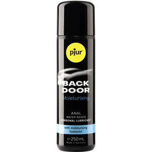 Pjur Back Door Comfort water-based anal lubricant, 250ml bottle with hyaluronic acid for long-lasting moisture.