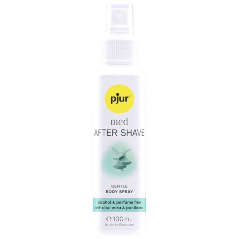 PJUR MED After Shave Spray 100ml bottle with aloe vera and provitamin B5 for sensitive skin care after shaving.