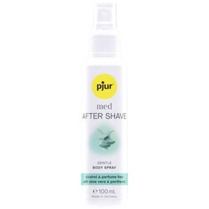 PJUR MED After Shave Spray 100ml bottle with aloe vera and provitamin B5 for sensitive skin care after shaving.