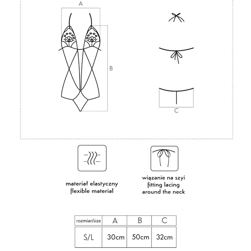 Technical line drawing of Luisina LC 20217 black bodysuit, showing lace bra, thong design, strap details, and size chart in S/L.