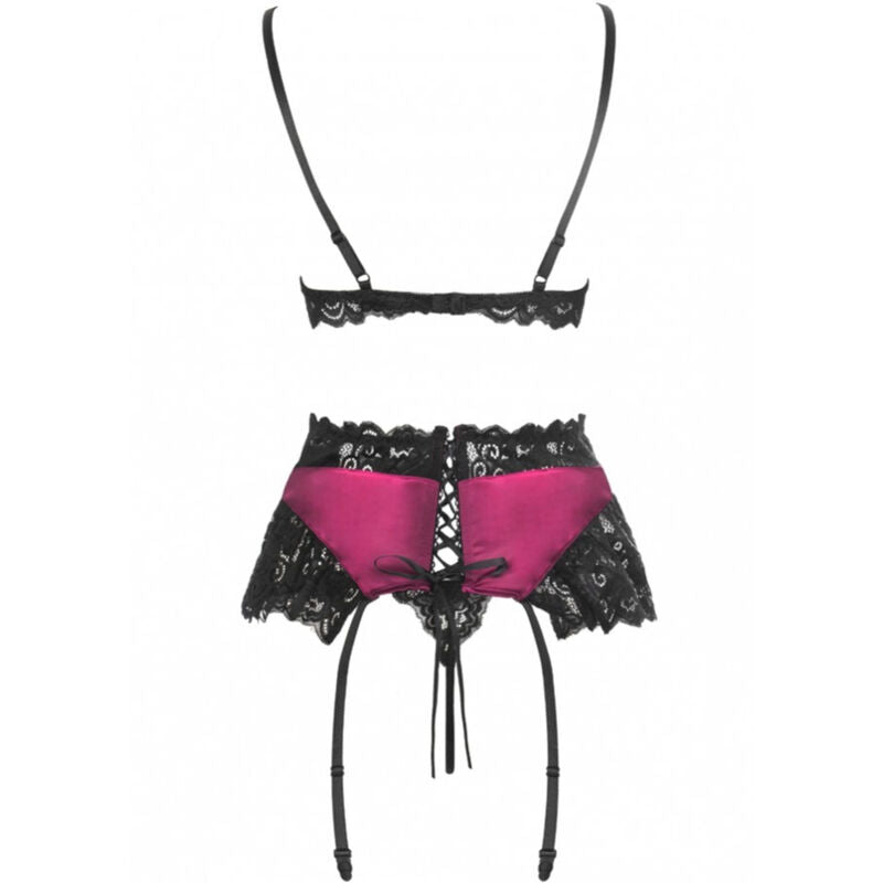 LIVCO CORSETTI Nahir lingerie set with burgundy satin and black lace, includes bra, panty, and garter belt. Elegant and seductive.