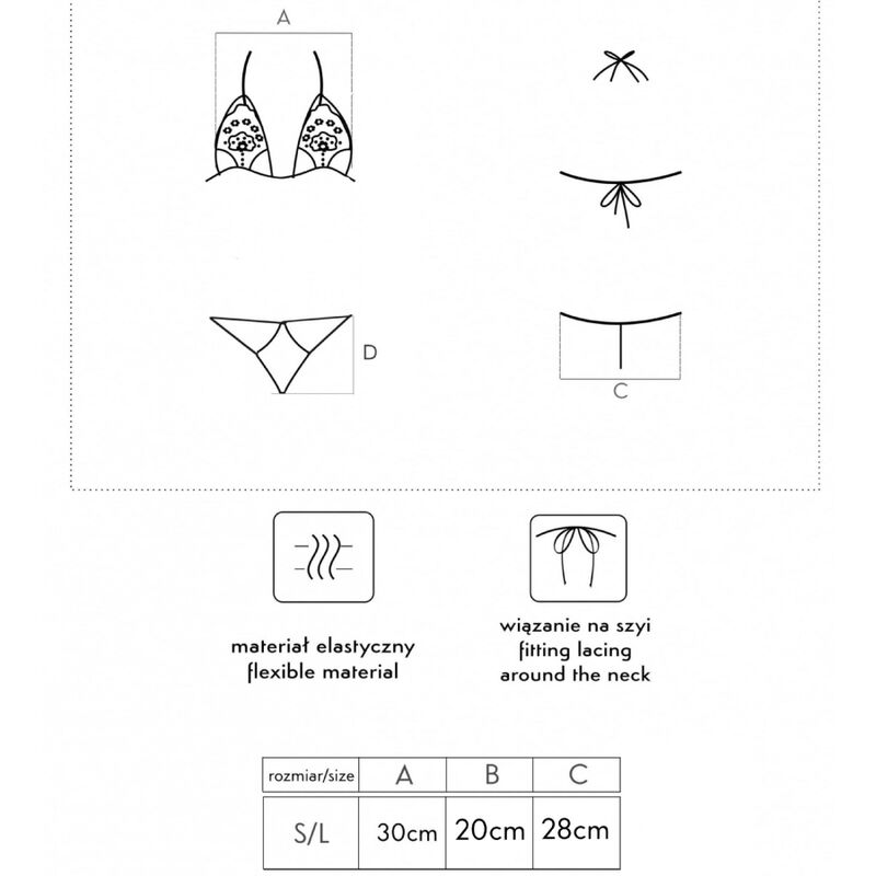 Diagram of LIVCO CORSETTI Fashion Jimena bra and thong set, showcasing flexible material and neck lacing details in black.