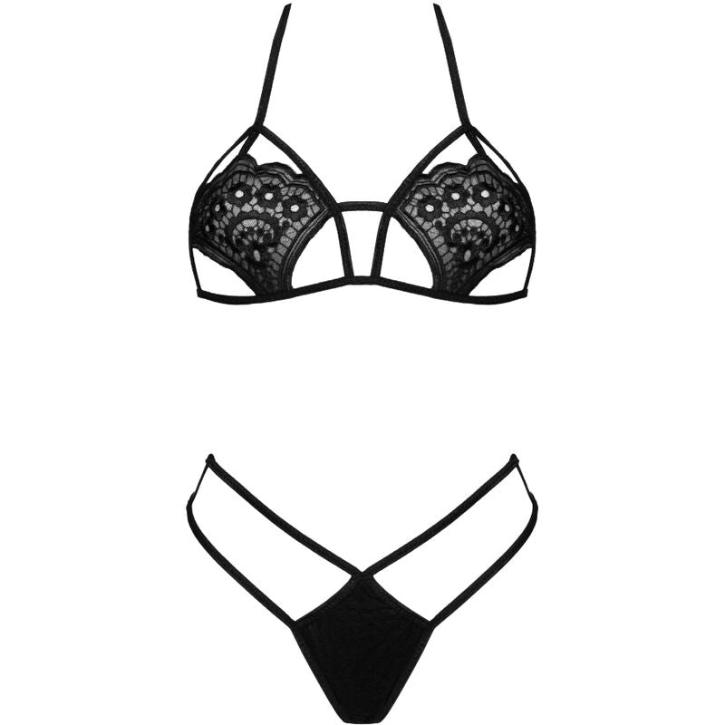 LIVCO CORSETTI JIMENA black lace bra and thong set, seductive lingerie with unique strap design, one size elegant outfit.