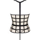 Black and beige LIVCO CORSETTI Laura corset with grid design, front zipper, and waist highlights, paired with a matching thong.