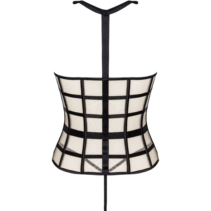 Black and beige LIVCO CORSETTI Laura corset with grid design, front zipper, and waist highlights, paired with a matching thong.