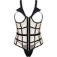 LIVCO Corsetti Fashion Laura LC 20215 black and beige corset and thong set with front zipper, highlighting waist with black belts.