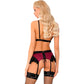 Model wearing LIVCO CORSETTI FASHION Nahir lingerie set in burgundy satin with black lace, featuring bra, panty, and garter belt.