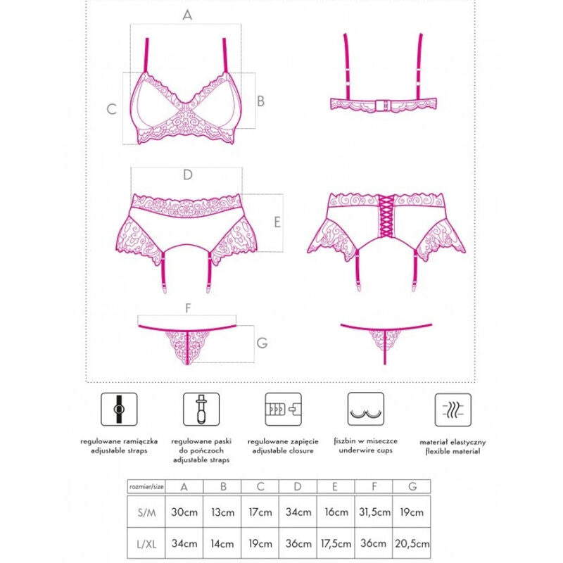 LIVCO CORSETTI FASHION Nahir lingerie set size chart and style illustration with bra, panty, and garter belt details.