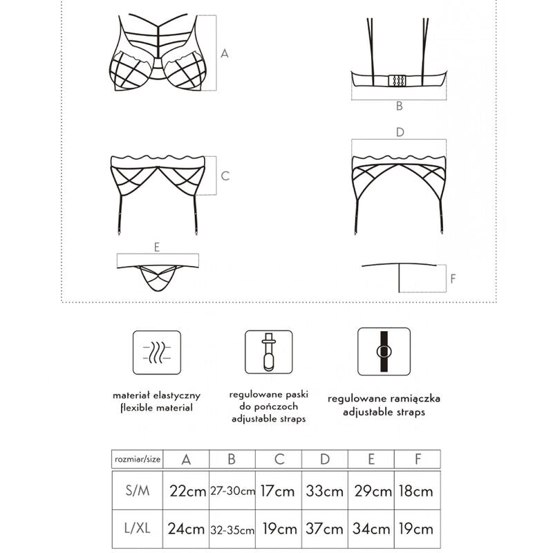 Size chart and design layout for LIVCO Corsetti Fashion Soledad lingerie set - bra, panty, garter belt dimensions.