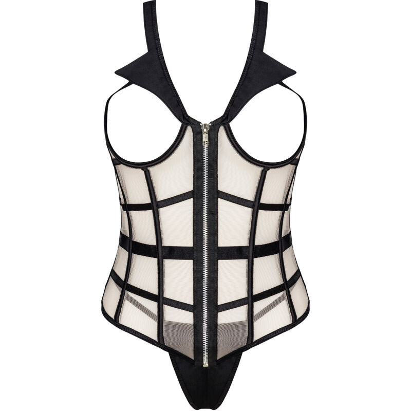 LIVCO CORSETTI Laura corset and thong set in black and beige with front zipper, collar, and waist-accentuating black belts.