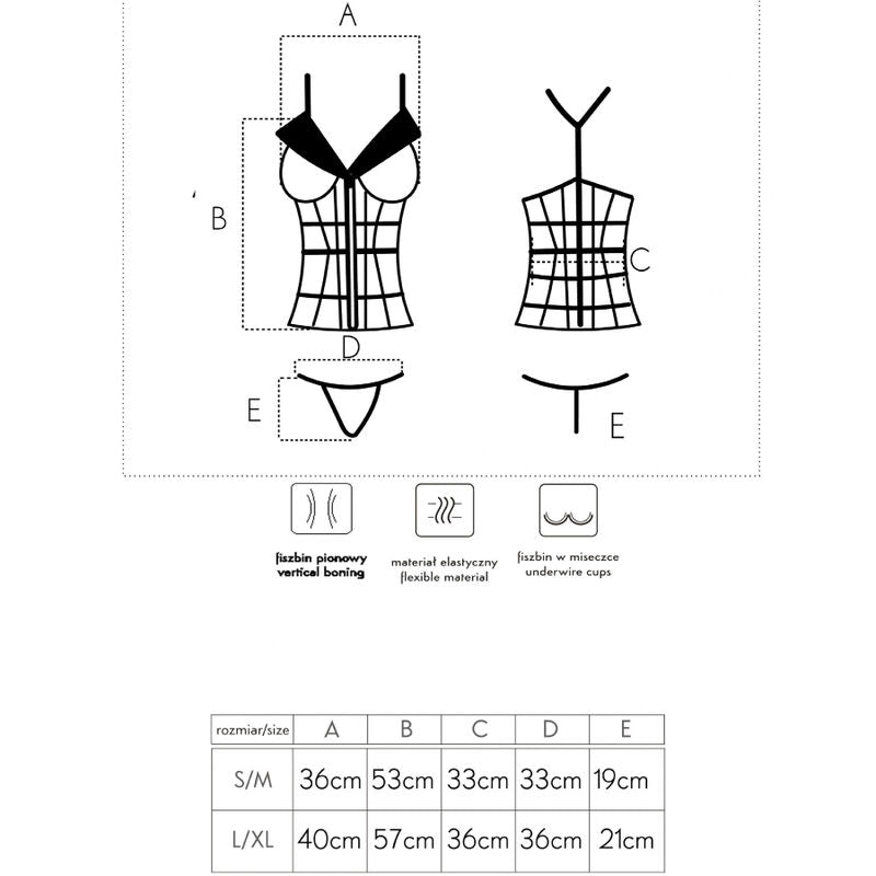 Size chart and design layout for Livco Corsetti Fashion Laura LC 20215 corset and thong set, featuring measurements and design details.