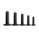 Set of five black Renegade silicone dilators in various sizes for enhancing intimacy and sexual health.