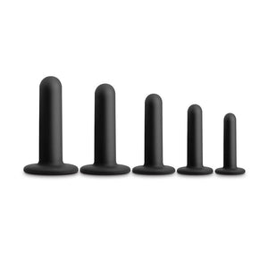 Set of five black Renegade silicone dilators in various sizes for enhancing intimacy and sexual health.