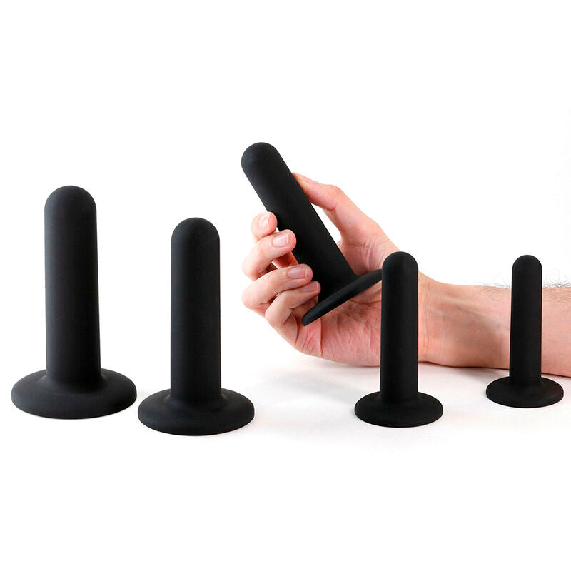 Black silicone Renegade Dilator Set with five varying sizes, suitable for use with lubricants, enhancing intimacy and sexual health.