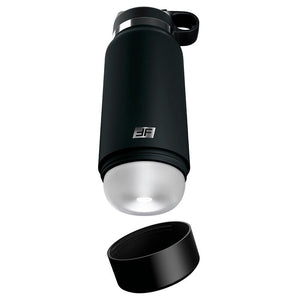 Discreet Fap Flask Bottle Stroker in black with open lid, resembling a reusable water bottle. Perfect for private travel or home use.