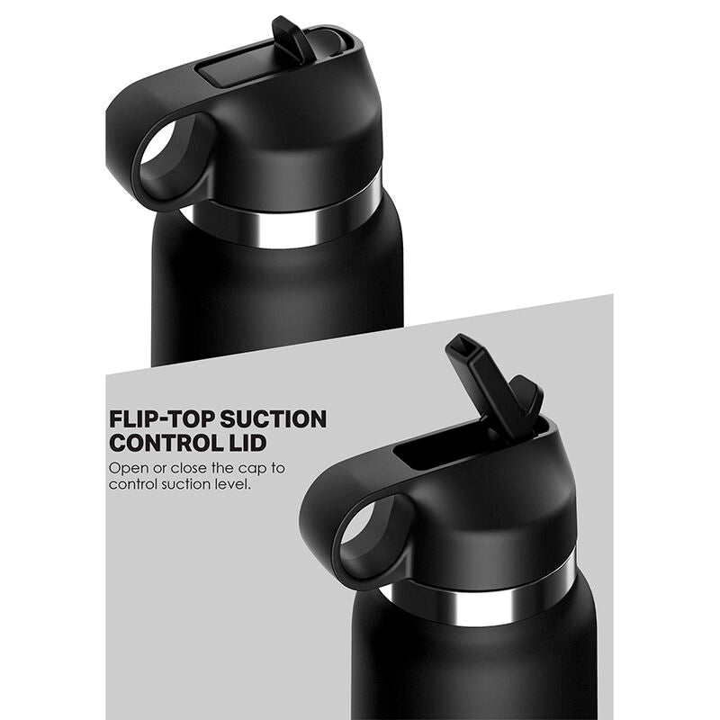 Close-up of black water bottle with flip-top suction control lid for discreet use, ideal for travel and blending into any environment.