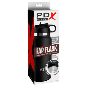 PDX PLUS Fap Flask Bottle Discreet Stroker in packaging, imitation water bottle design for privacy, ideal for travel and discreet use.