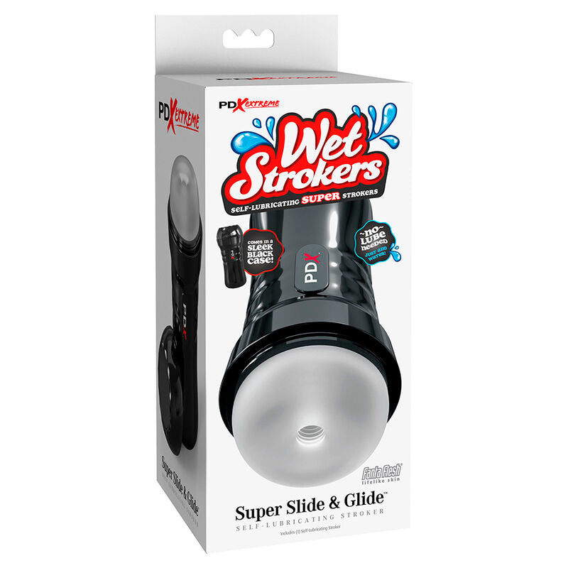 PDX Extreme Slide & Glide Self-Lubricating Masturbator product packaging showcasing sleek ergonomic design.