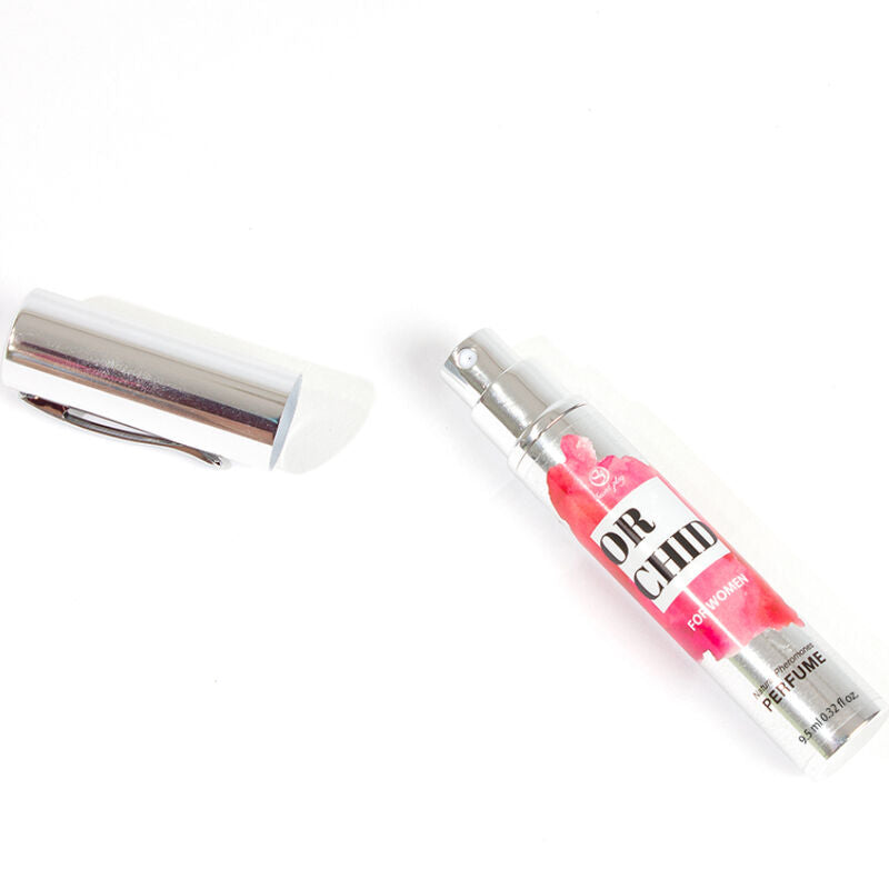 SECRETPLAY Orchid Perfume Pheromones Women Spray Travel Size with cap removed, highlighting sensual fragrance appeal.