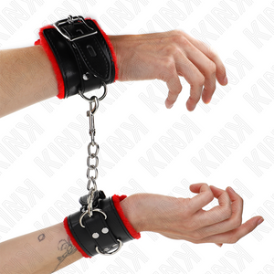 KINK - FUR LINED WRIST RESTRAINTS WITH SQUARE HOLES RED AND BLACK BELT ADJUSTABLE 17-29 CM X 6 CM - LoveYou.lv