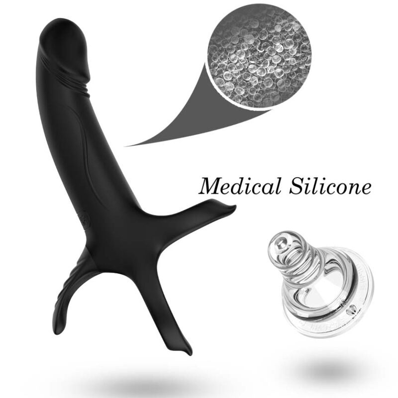 Black ARMONY dildo with ring and vibrator, made from medical-grade silicone and ABS, highlighting texture and quality materials.
