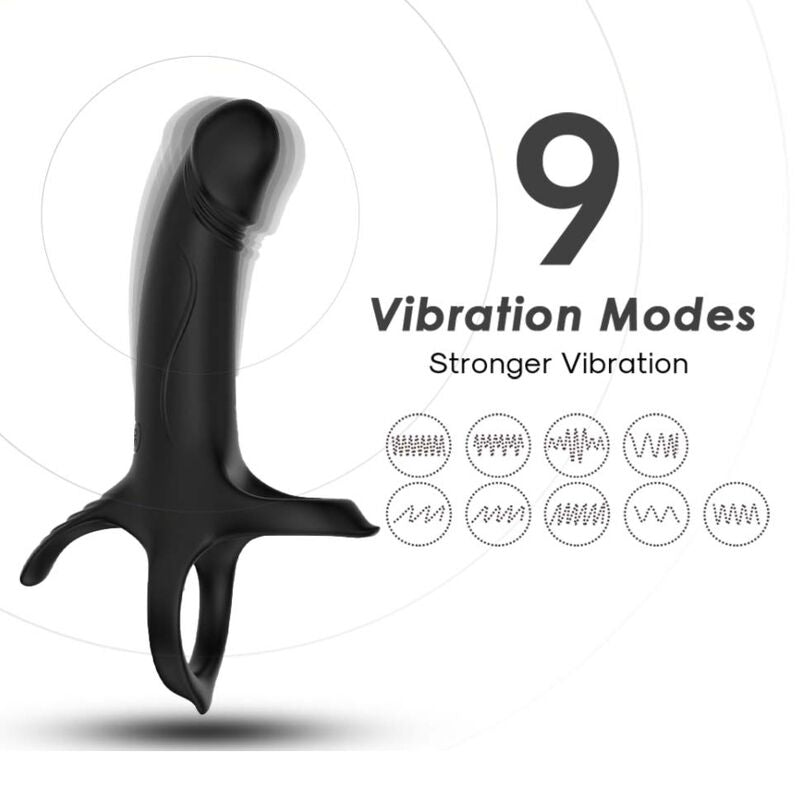 Black vibrating dildo with ring, featuring 9 customizable vibration modes and USB rechargeable design for enhanced pleasure.