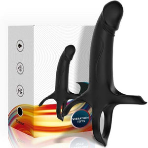Armony dildo with ring and vibrator in black, featuring 9 vibration modes and rechargeable battery, displayed with packaging.
