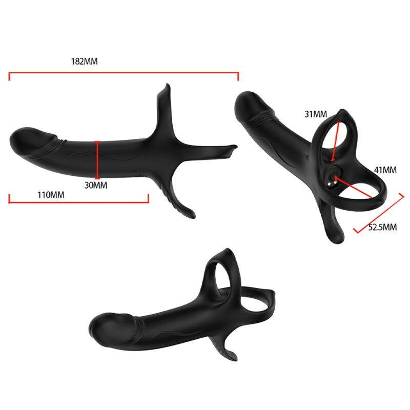 Black ARMONY dildo with ring and vibrator, showcasing dimensions and design for enhanced pleasure and comfort.