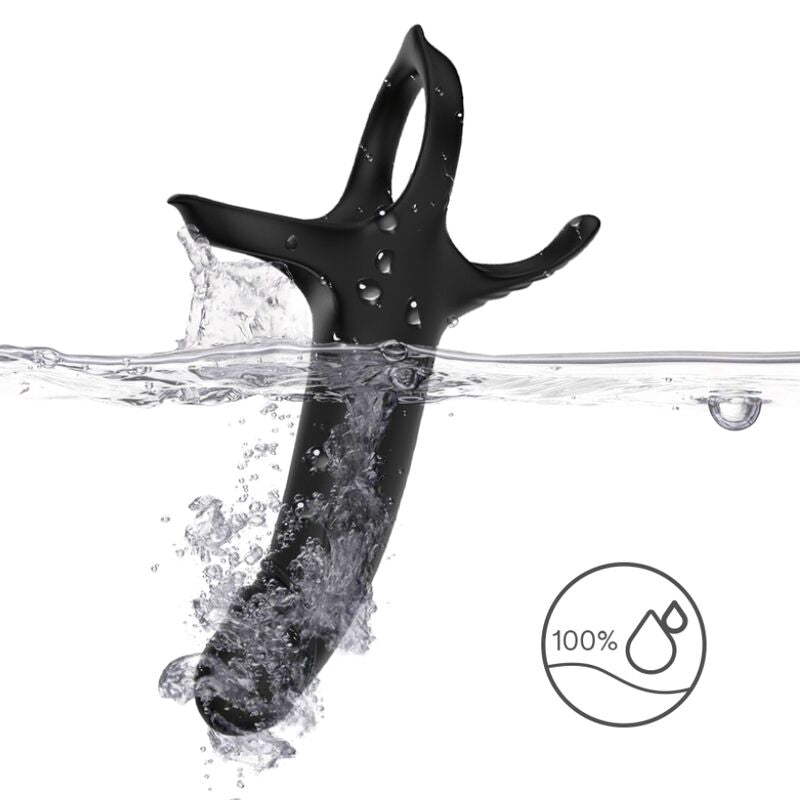 Waterproof black vibrator and ring submerged, showcasing design and 100% waterproof feature for enhanced pleasure.
