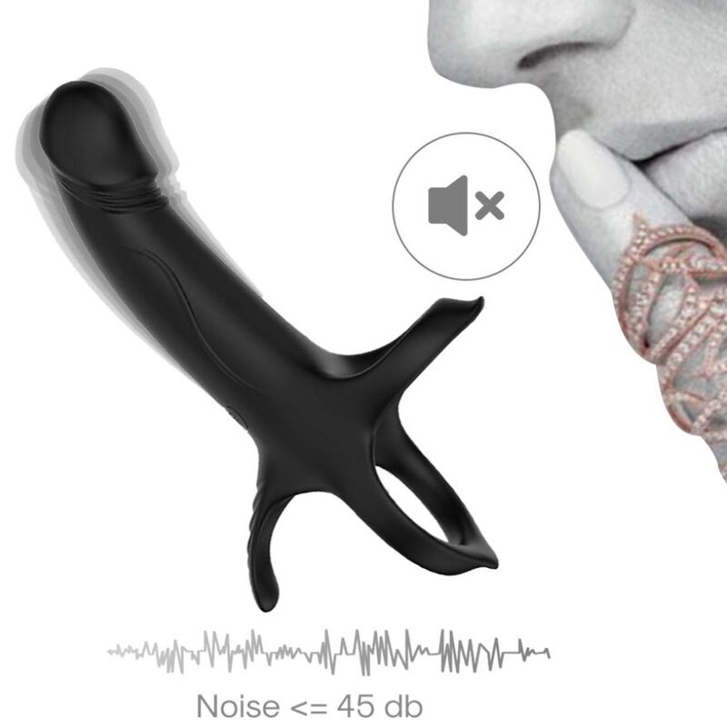 Black ARMONY dildo with ring and vibrator, showcasing vibration modes and noise level; ideal for enhanced pleasure and safety.