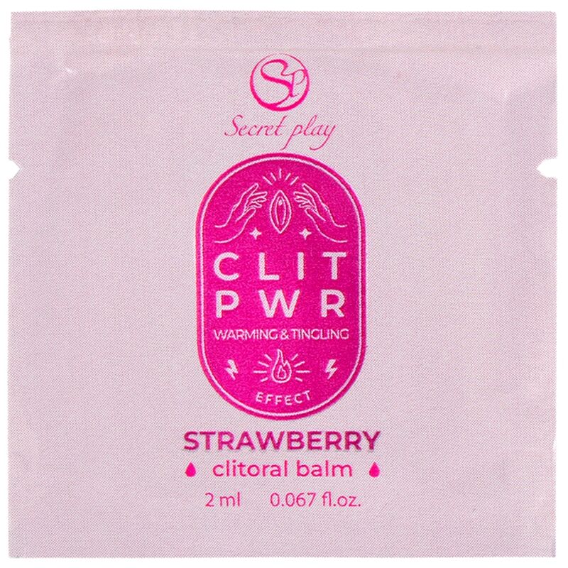 SecretPlay strawberry clitoral balm packet, 2 ml, featuring warming and tingling effect for enhanced sensory pleasure.