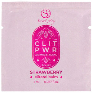 SecretPlay strawberry clitoral balm packet, 2 ml, featuring warming and tingling effect for enhanced sensory pleasure.
