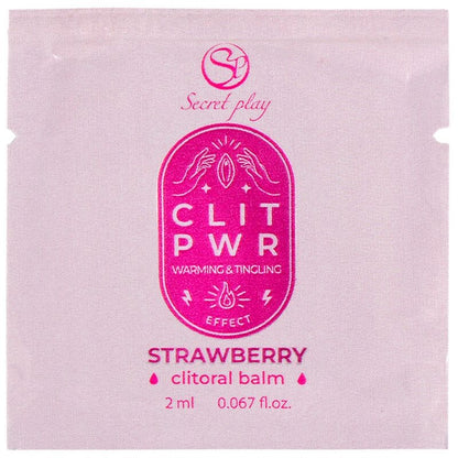 SecretPlay strawberry clitoral balm packet, 2 ml, featuring warming and tingling effect for enhanced sensory pleasure.