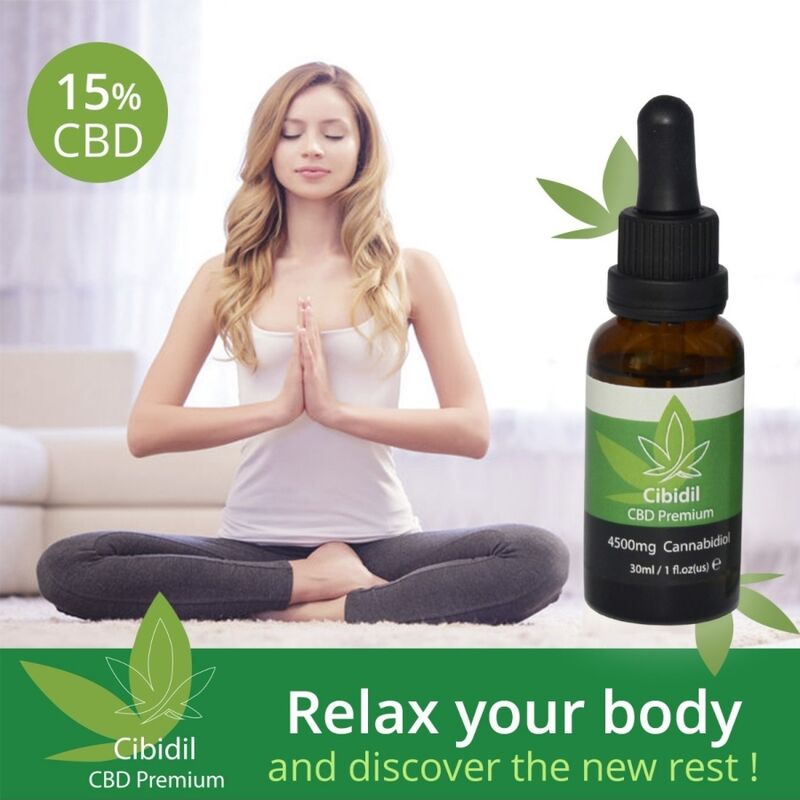 Woman practicing yoga next to Cibidil CBD oil bottle, promoting relaxation benefits of 15% CBD for stress and fatigue relief.