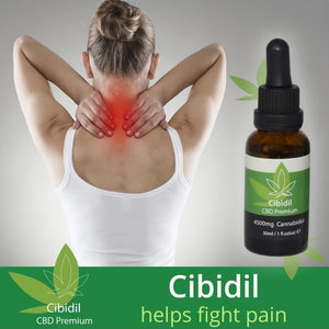 Woman applying Cibidil CBD oil for neck pain relief, highlighting its calming properties and premium quality for stress reduction.