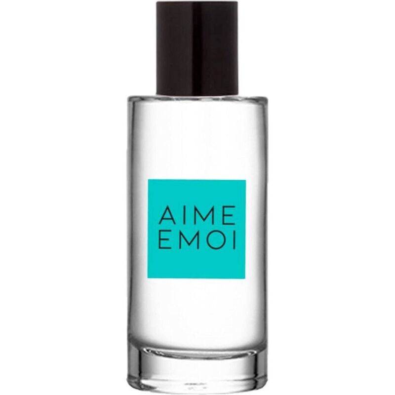 Clear bottle of Aime Emoi pheromone perfume for her, 50ml, with black cap and blue label, featuring sweet and floral fragrance notes.
