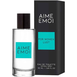 RUF Aime Emoi pheromone perfume for her, 50ml bottle and packaging with floral and coconut notes, designed to awaken desire.