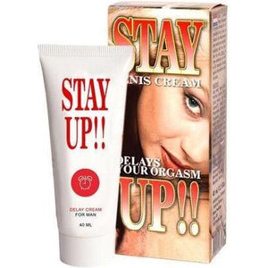 RUF Stay Up Delay Cream 40ml tube and packaging, featuring cooling and analgesic properties for extended male pleasure.