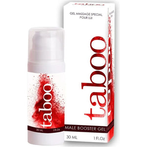 Taboo Male Booster Gel 30ml bottle and box, natural erection enhancer with camphor oil for improved blood circulation.