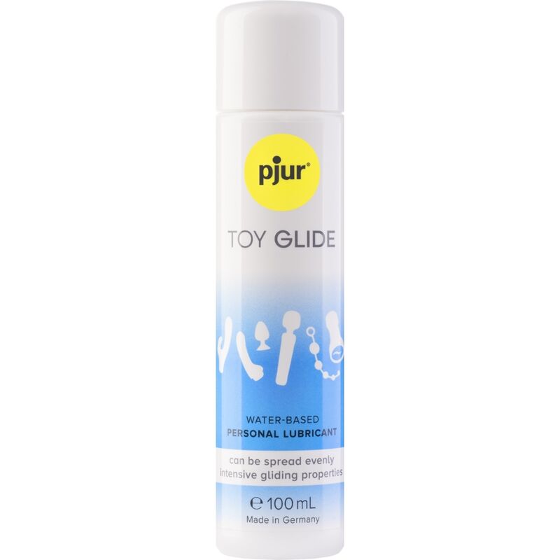 PJUR Toy Glide 100 ml water-based lubricant bottle for sex toys, offers long-lasting glide and moisture for latex, rubber, glass, silicone.
