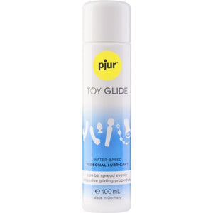 PJUR Toy Glide 100 ml water-based lubricant bottle for sex toys, offers long-lasting glide and moisture for latex, rubber, glass, silicone.